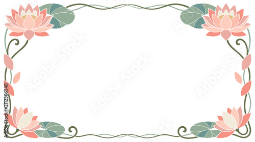 East asia floral border frame featuring lotus flowers and stylized leaves, elegant oriental decorative element for wedding invitation, menu card