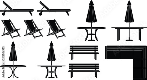 Outdoor Furniture Silhouette Vector Set Featuring Sun Loungers Patio Tables Umbrellas and Park Benches