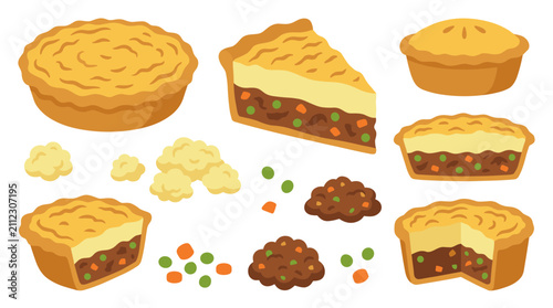 Set of shepherd pie savory meat pie elements with mashed potato and vegetable medley, culinary illustration for menu design and food presentation
