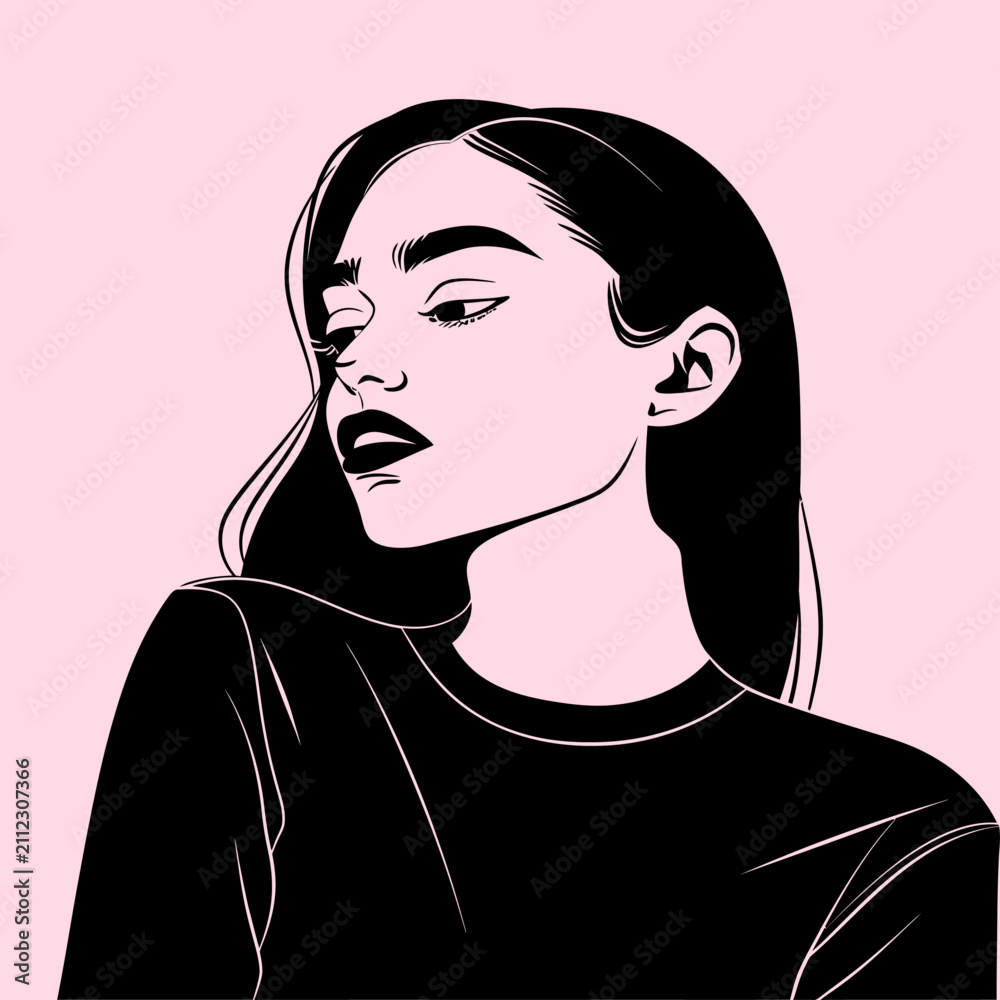 Fototapeta premium Stylish Young Woman Portrait Minimal Black Line Art On Pink