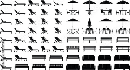 Outdoor Patio and Beach Furniture Silhouette Vector Set Featuring Sun Loungers Tables Umbrellas and Benches
