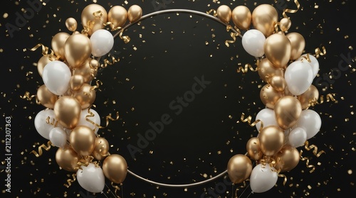 Elegant golden and white balloon garland with confetti for luxurious celebration decor with forming curved garland metallic confetti scattered across dark background