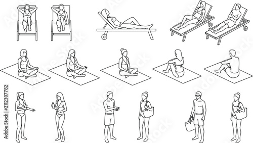 People Relaxing on Beach Chairs and Towels Line Art Vector Illustration Set for Summer Vacation