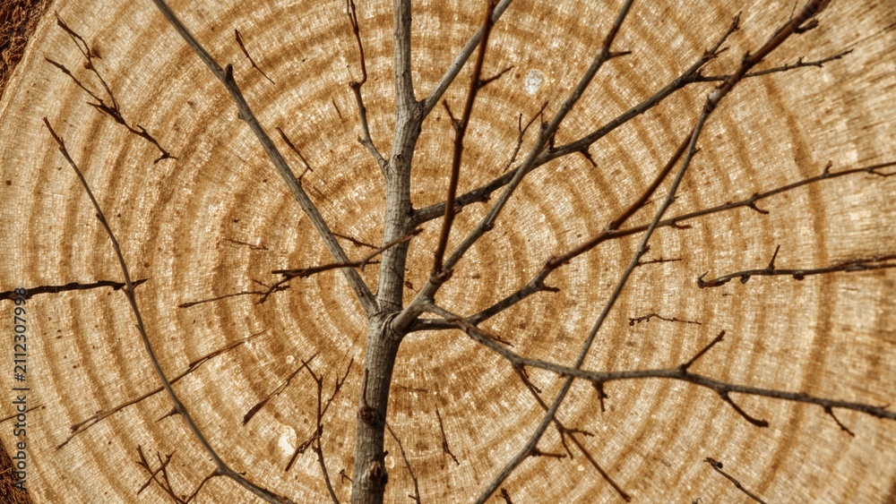 Fototapeta premium Cross-section of a tree trunk with bark and growth rings, showing a branch extending outward.