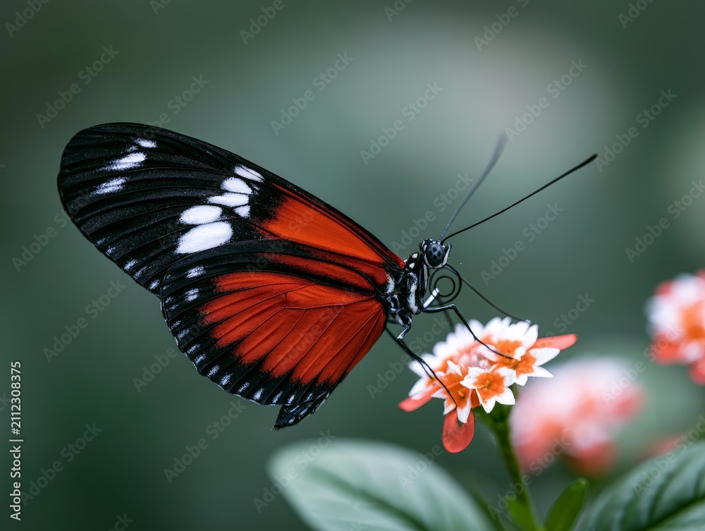 Naklejka premium Exotic Tropical Butterfly Perched on Colorful Flower in Rainforest