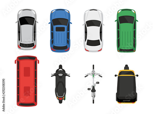 Top down view vector set of various transportation vehicles including cars, bus, motorcycle, and bicycle for urban map planning and city layout