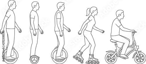 People Riding Personal Electric Transportation Devices and Roller Skates Vector Line Art Illustration Set