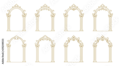 Set of eight golden victorian baroque frames, ornate arches and classic architectural pillars, intricate flourishes, luxury borders for elegant