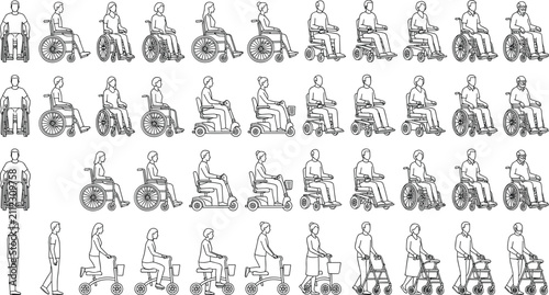 People Using Wheelchairs Mobility Scooters and Walkers Line Art Vector Illustration Set for Accessibility