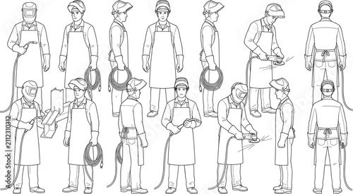 Professional Welders and Metalworkers Line Art Vector Illustration Set with Protective Gear and Tools