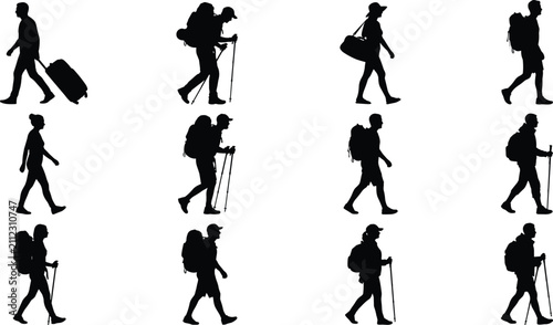Travelers and Hikers Silhouettes Set Isolated on White Background for Adventure and Vacation Designs