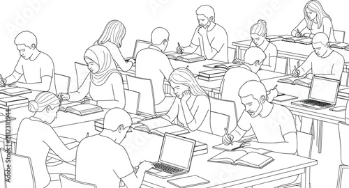 University Students Studying with Laptops and Books in Classroom Line Art Vector Illustration