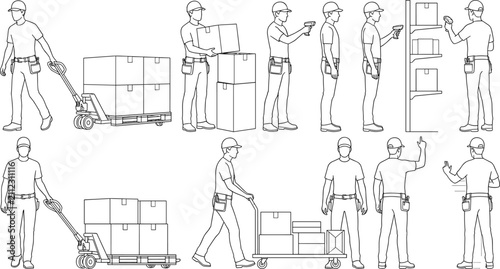 Warehouse Workers and Logistics Staff Line Art Vector Set Carrying Boxes and Operating Equipment
