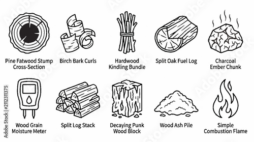 A collection of hand drawn icons representing various wood fuel and fire related items.