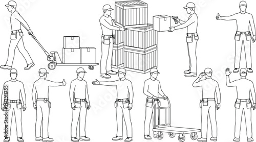 Warehouse Workers and Logistics Staff Line Art Vector Set Moving Crates and Scanning Cargo