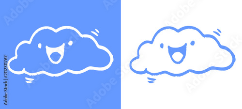 Cloud doodle illustration showcases cute hand drawn smiling sky element with happy expression. Simple kawaii weather cloud graphic for kids sticker t-shirt print layout clip art.