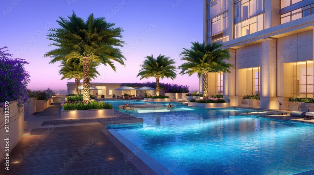 Fototapeta premium A serene evening scene showcasing a luxurious pool surrounded by palm trees and elegant architecture