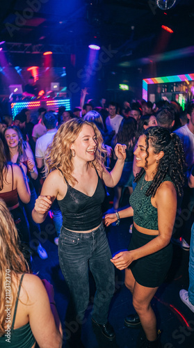 Dos amigas disfrutan de una noche de fiesta en una discoteca, bailando y sonriendo bajo luces de neón, capturando la energía, diversión y ambiente de la vida nocturna.
