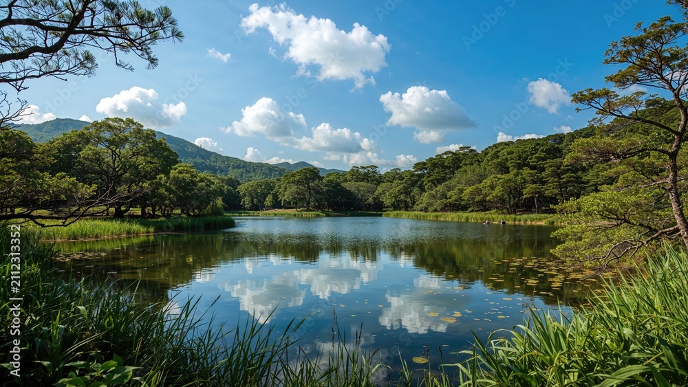 Obraz premium Scenic lake surrounded by trees with blue sky and clouds reflected on the water. Nature and outdoor landscape. Calm and peaceful environment.
