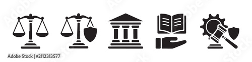 Legal icons set featuring scales of justice shield courthouse book and hammer with gear symbols.