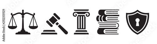 Bild auf Leinwand Legal justice icons featuring detailed scales of balance judge gavel stone pillar and book stack