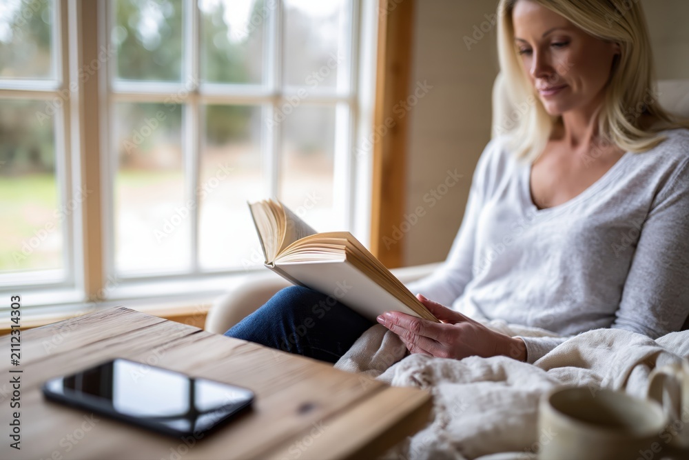 Obraz premium Relaxed woman reading a book while sitting in a cozy home armchair