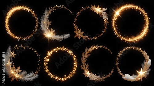 PNG image Collection of sparkling golden light trails and festive decorative circular frames featuring elegant winter elements on transparent background  