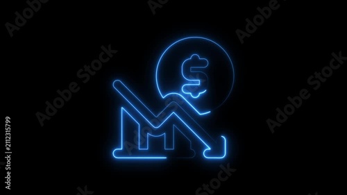  Neon line of Dollar sign with down arrow icon on black background. Abstract neon line business graph animation.