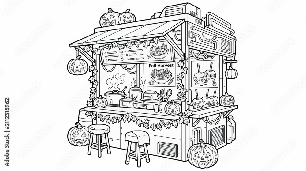 Fototapeta premium Black and White Coloring Page of a Cozy Cyberpunk Food Stall with Halloween Pumpkins and Fall Harvest Decorations, Isometric Vector Illustration