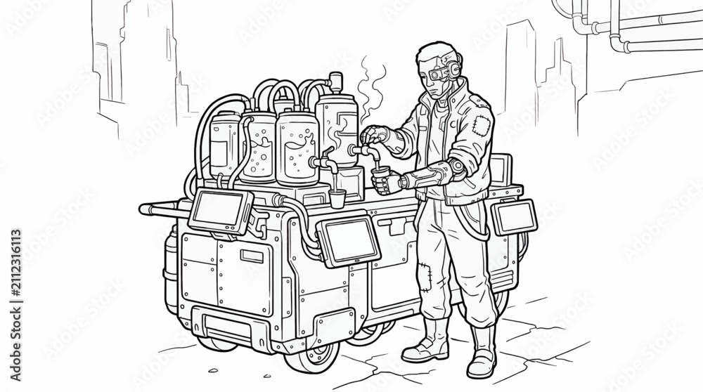 Obraz premium Black and White Coloring Page of a Cyberpunk Vendor Operating a Compact Mobile Beverage Cart, Futuristic City Background, Line Art Vector Illustration