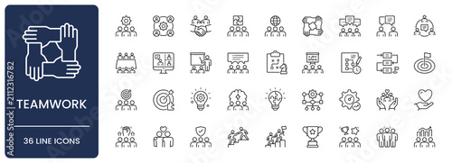 Teamwork icon set. Collection of team collaboration, corporate leadership, strategic planning, business meeting and agile workflow line icon vector illustration with editable stroke.