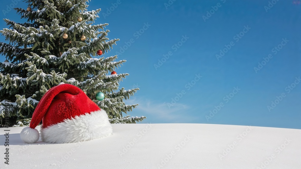 Obraz premium A Christmas hat on snow next to a decorated tree during winter.