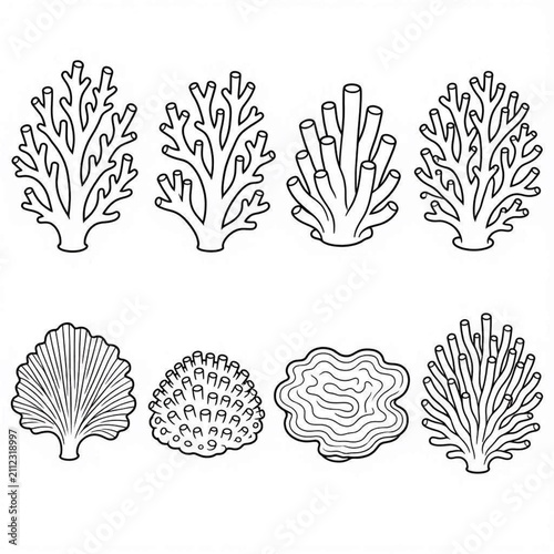 Coral reef icon set. Black and white line art illustrations of various sea coral species.