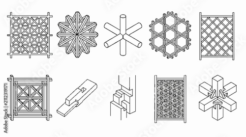 Collection of traditional Japanese wood joinery and lattice patterns in line art style.
