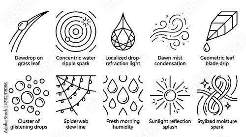 A collection of ten hand drawn line art icons representing various natural water and light phenomena.