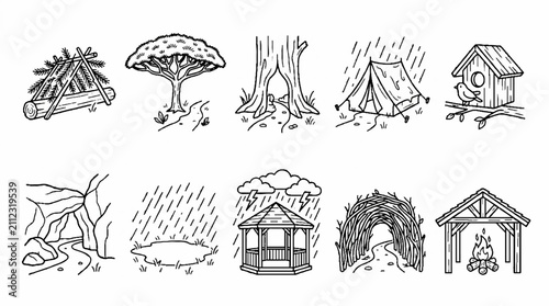 A collection of hand drawn outdoor adventure and nature themed icons.
