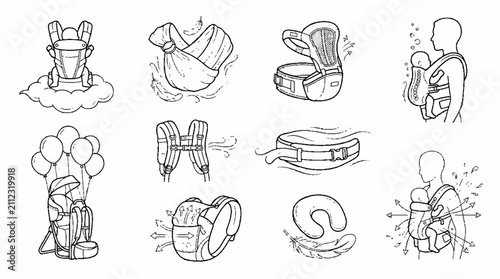 A collection of hand drawn baby carrier and parenting accessory illustrations.