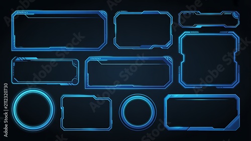 PNG image of Set of sleek, futuristic, empty GUI elements with blue glowing borders, perfect for modern tech display on transparent background. 