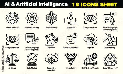 Artificial Intelligence Line Icon Set Vector Illustration for Modern Technology