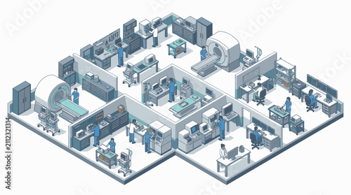 Isometric view of a modern automated factory layout.
