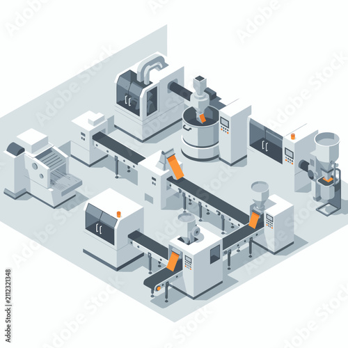 Modern automated factory production line with robotic arms.