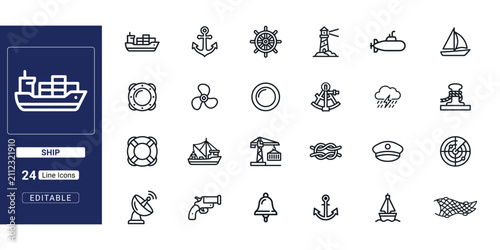 Ship and Maritime outline icon set. Featuring cargo ship, anchor, ship wheel, lighthouse, submarine, and sailboat symbols. Vector illustration for nautical, shipping, and marine industry use.