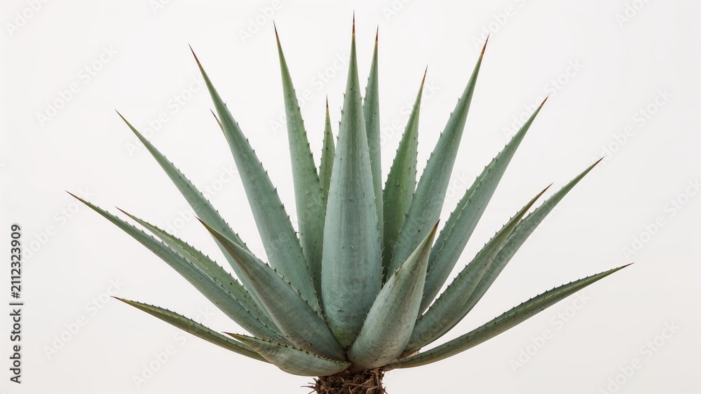 Fototapeta premium Aloe vera plant with thick, spiky leaves and a rosette shape, on a white background.