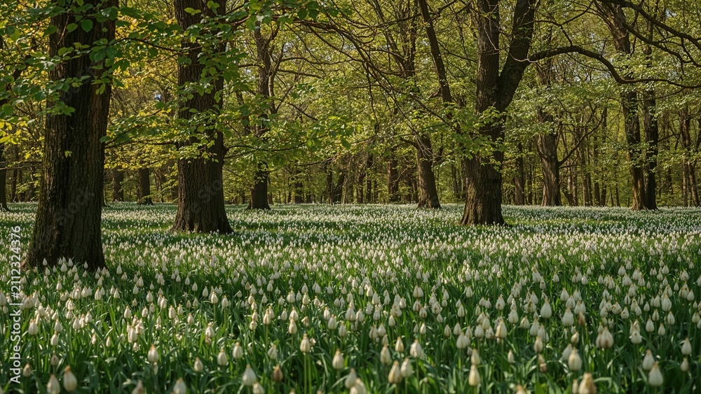 Fototapeta premium A forest scene with numerous trees and a ground covered in white flowers, displaying lush greenery and peaceful nature.