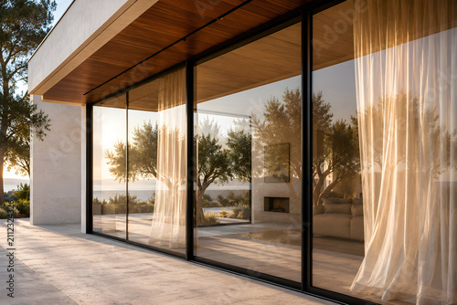 Golden Hour Modern Villa with Floor-to-Ceiling Glass Walls, Luxury Architecture and Sunset Reflections