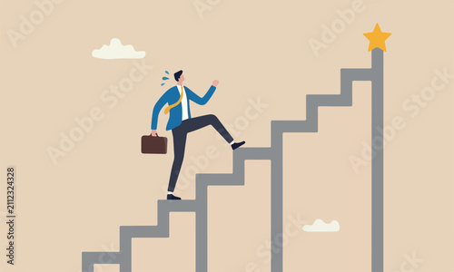 design clean lines and minimal shading for career or adversity concept, businessman trying hard with full effort to climb up big ladder or stairway