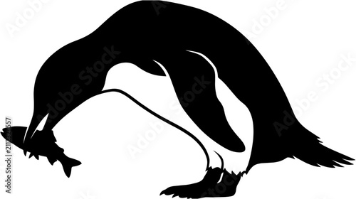 Cuadro en lienzo Silhouette of a penguin catching a fish in its beak, wildlife nature vector illustration isolated on white background for design