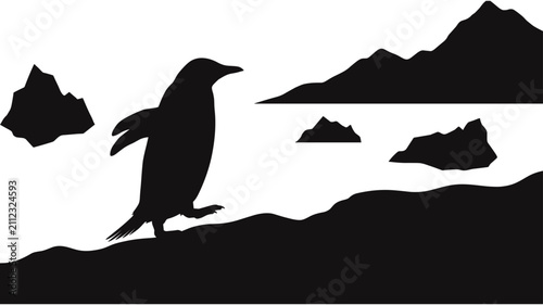 Quadro su tela Silhouette of a penguin walking along a cold antarctic shoreline with mountains and icebergs in the background, isolated vector illustration