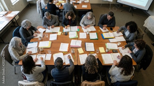Overhead View Of A Boardroom Meeting With Colleagues At A Table