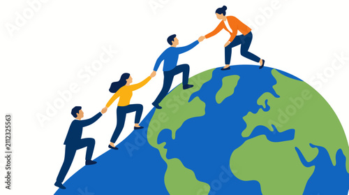 A team of diverse business people helping each other climb a giant world globe, collaborating and pulling colleagues up to success in a flat vector illustration style symbolizing global teamwork.
